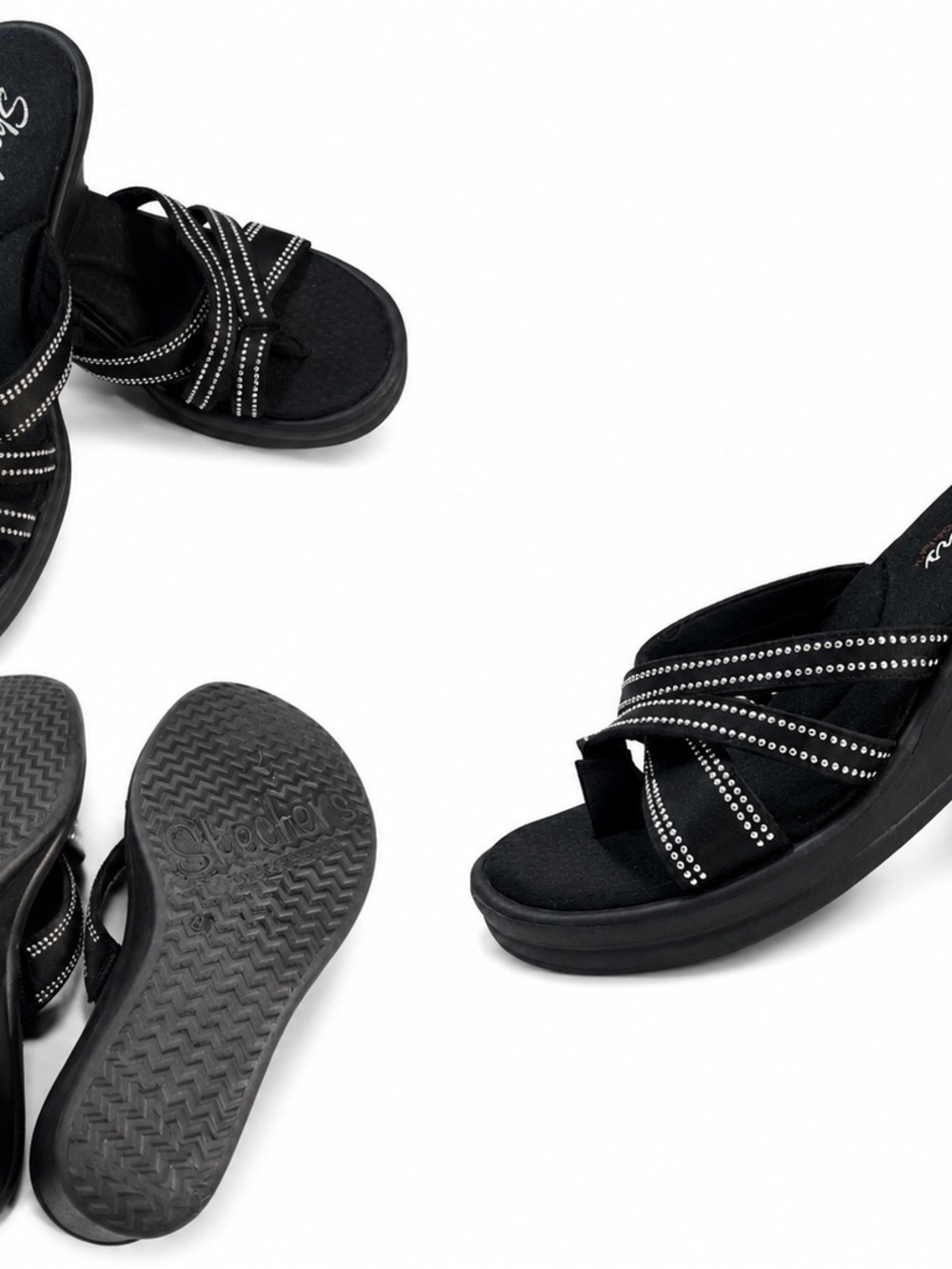 Black Rhinestone Cross-Strap Wedge Slide Sandals